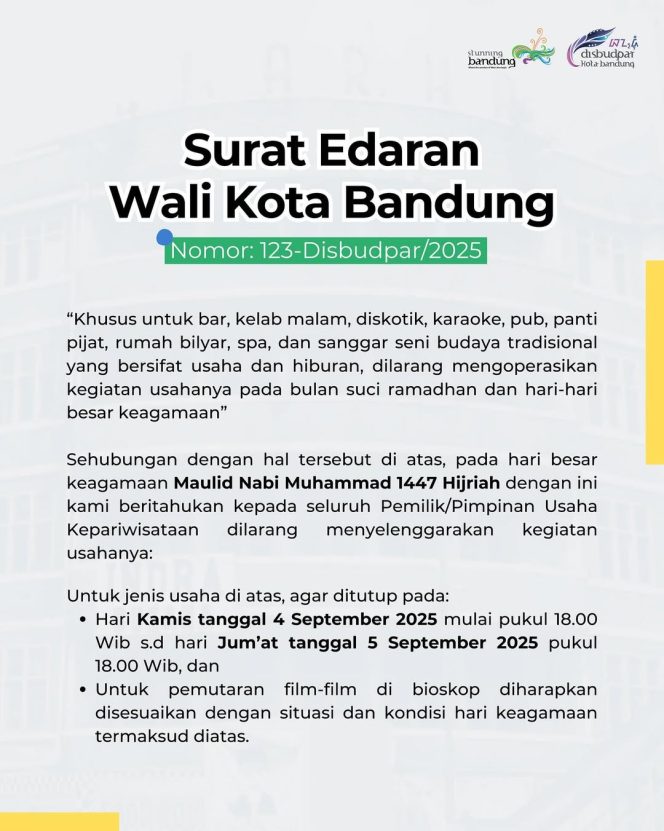 
					Maulid Nabi Muhammad SAW 1447 H, Pemkot Bandung Larang Tempat Hiburan Beroperasi