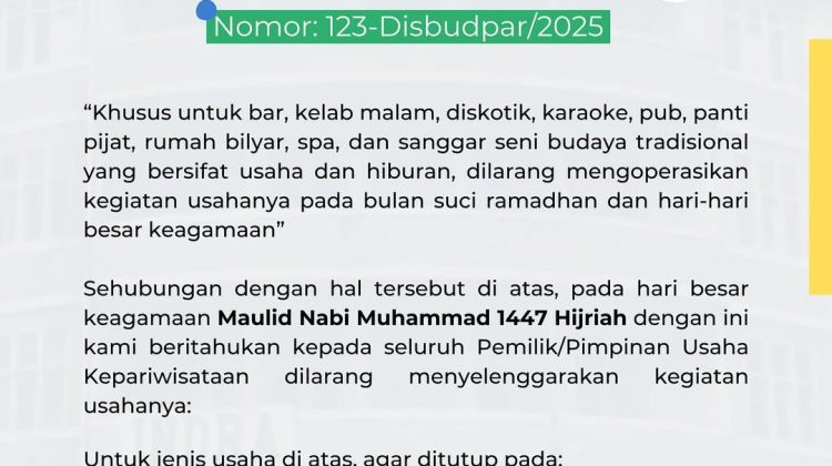 Maulid Nabi Muhammad SAW 1447 H, Pemkot Bandung Larang Tempat Hiburan Beroperasi