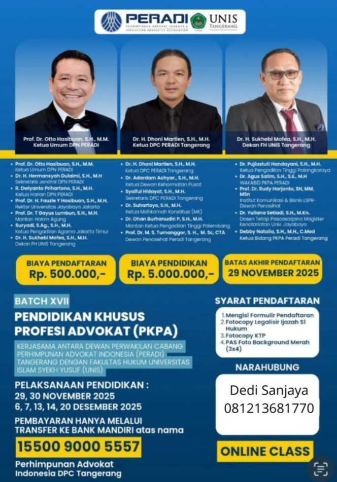 
					PERADI Tangerang dan Dragon Law Firm Gelar Pendidikan Khusus Profesi Advokat, Gandeng FH UNIS Tangerang