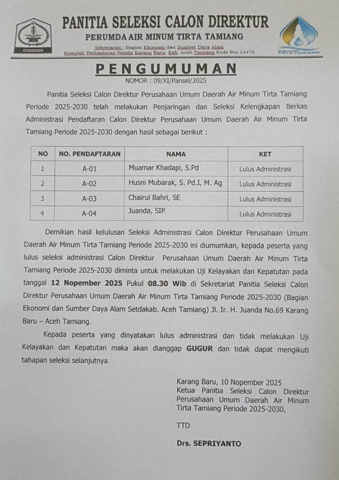 
					Empat Calon Direktur Tirta Tamiang Lolos Seleksi Administrasi