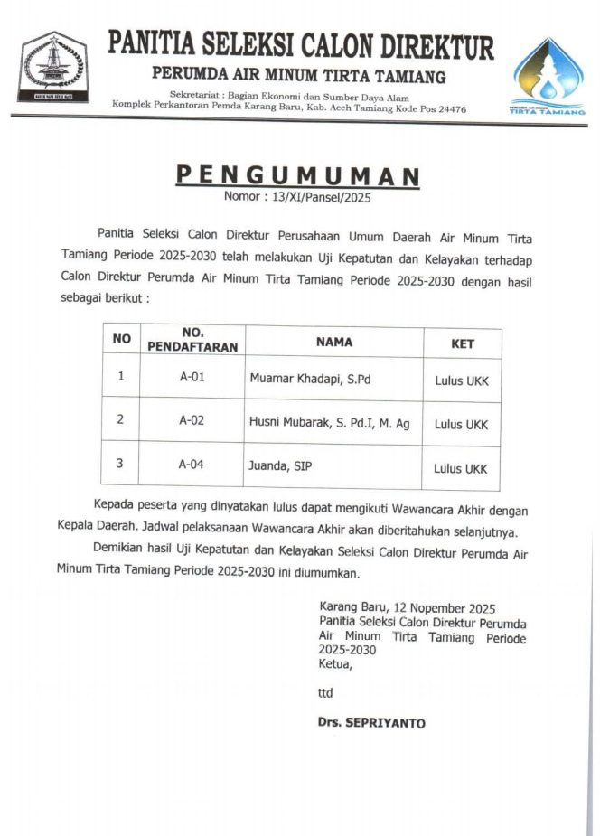 
					3 Calon Direktur PDAM Tirta Tamiang Lolos Seleksi Uji Kepatuhan dan Kelayakan