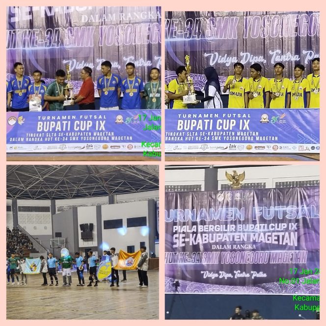 
					Penyerahan Piala Turnamen Futsal Bupati Cup IX Tingkat SLTA se-Kabupaten Magetan dalam Rangka HUT ke-34 SMK Yosonegoro Magetan