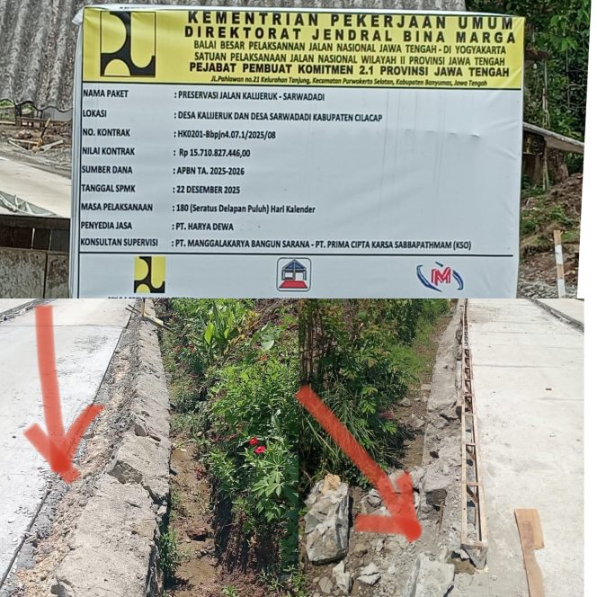 
					Kondisi Fisik Batu Pondasi Penahan Badan Jalan Mulai Retak dan Miring, Transparansi Spesifikasi Proyek Kalijeruk-Sarwadadi Dipertanyakan Warga