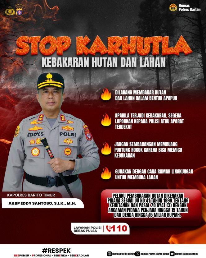 
					**“Kapolres Bartim Tegaskan Stop Karhutla, Bhabinkamtibmas Bergerak Masif hingga Desa, Masyarakat Diimbau Lapor via 110”**