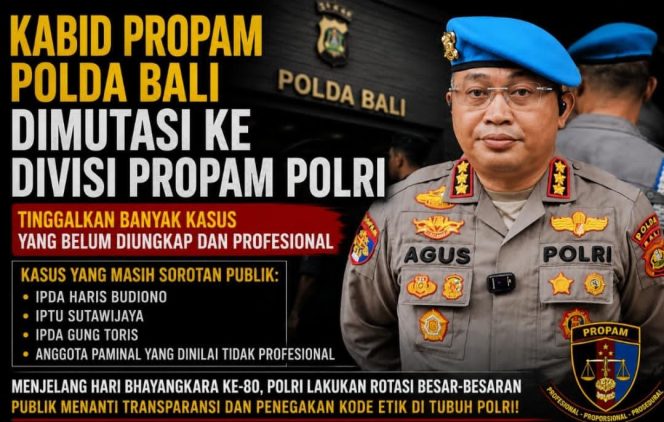 
					Kabid Propam Polda Bali Dimutasi ke Divisi Propam Polri, Publik Soroti Sejumlah Kasus yang Dinilai Belum Tuntas