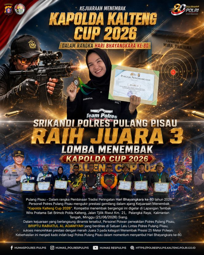 
					Srikandi Polres Pulang Pisau Raih Juara 3 Lomba Menembak Kapolda Cup 2026