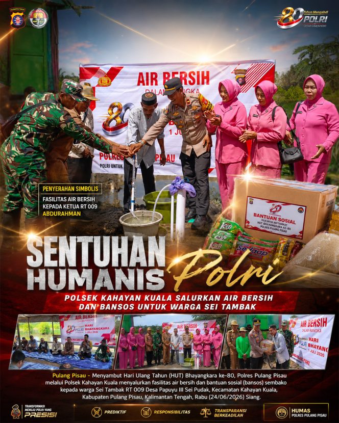 
					Sentuhan Humanis Polri, Polsek Kahayan Kuala Salurkan Air Bersih dan Bansos untuk Warga Sei Tambak