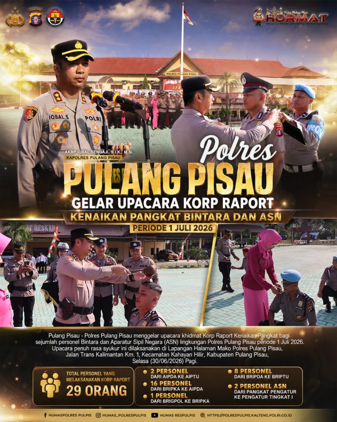 
					Pulang Pisau Gelar Upacara Korp Raport Kenaikan Pangkat Bintara dan ASN Periode 1 Juli 2026