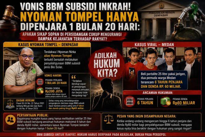
					Vonis BBM Subsidi Inkrah, Nyoman Tompel Hanya Dipenjara 1 Bulan 20 Hari: Apakah Sikap Sopan di Persidangan Cukup Mengurangi Dampak Kejahatan terhadap Rakyat?