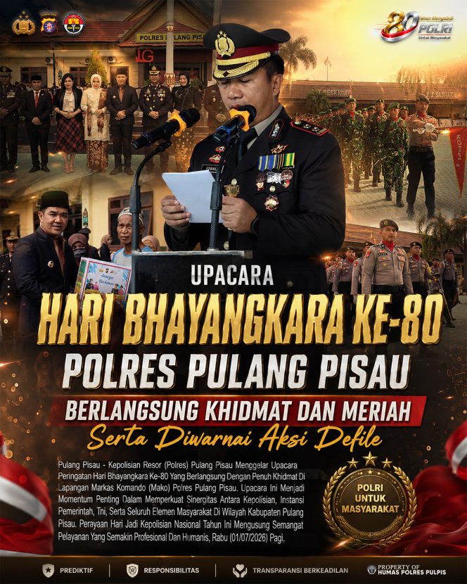 
					Upacara Hari Bhayangkara Ke-80 Di Polres Pulang Pisau Berlangsung Khidmat Dan Meriah Diwarnai Aksi Defile
