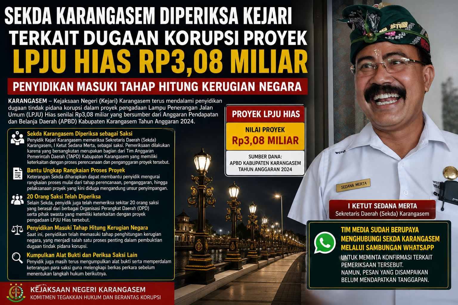 Sekda Karangasem Diperiksa Kejari Terkait Dugaan Korupsi Proyek LPJU Hias Rp3,08 Miliar, Penyidikan Masuki Tahap Hitung Kerugian Negara