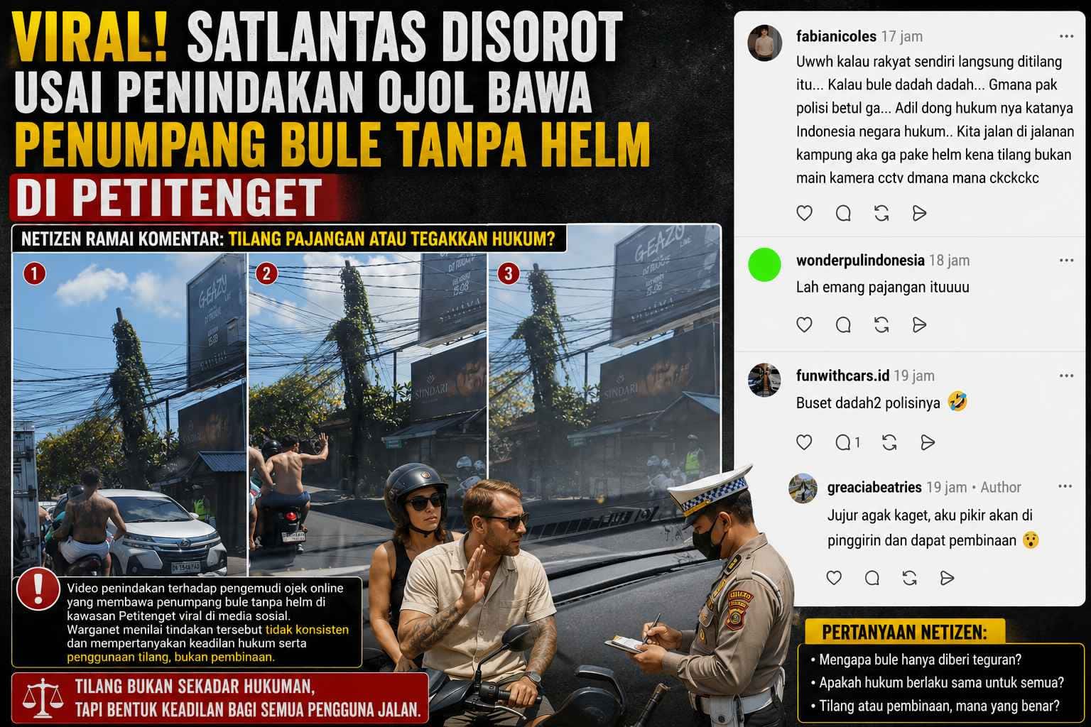 Viral! Satlantas Disorot Usai Penindakan Ojol Bawa Penumpang Bule Tanpa Helm di Petitenget