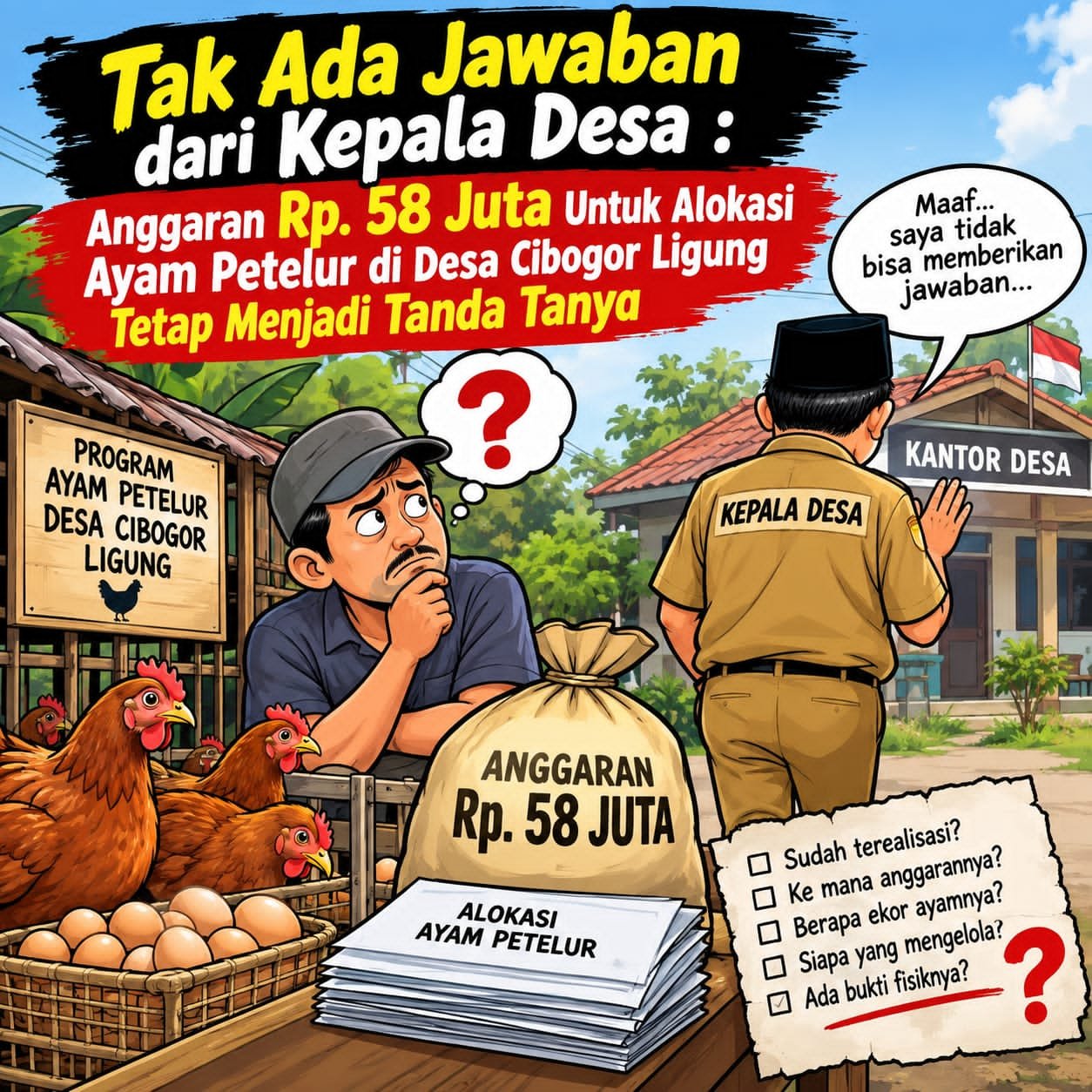 Tak Ada Jawaban dari Kepala Desa : Anggaran Rp. 58 Juta Untuk Alokasi Ayam Petelur di Desa Cibogor Ligung Tetap Menjadi Tanda Tanya